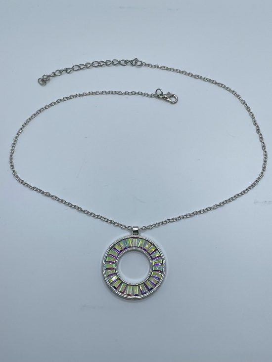 Silver Tone AB Crystal Circle Pendant Necklace Iridescent Baguette Halo - Picture 3 of 8